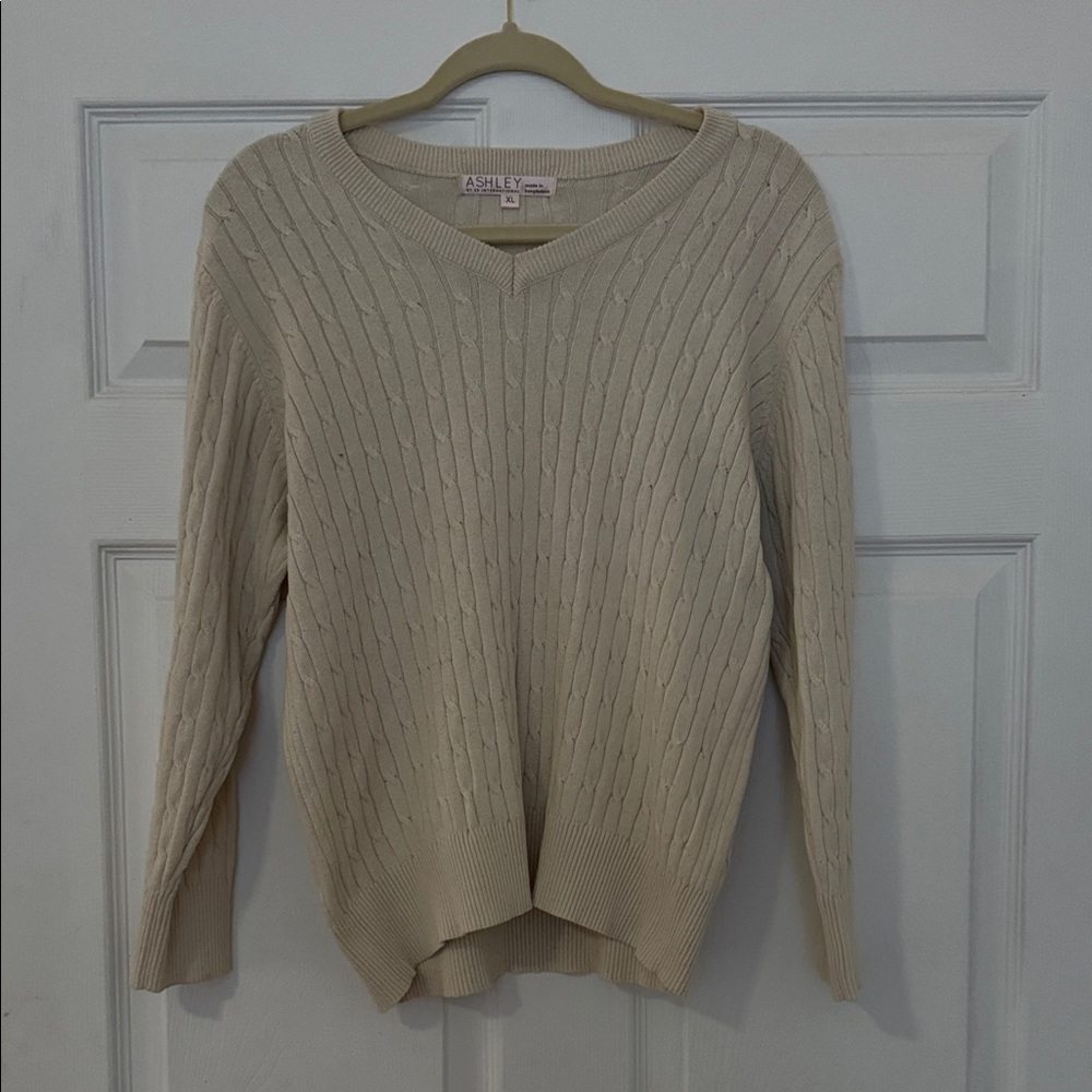 Ashley By 26 International Women's Cream Cable Knit V-Neck Sweater
